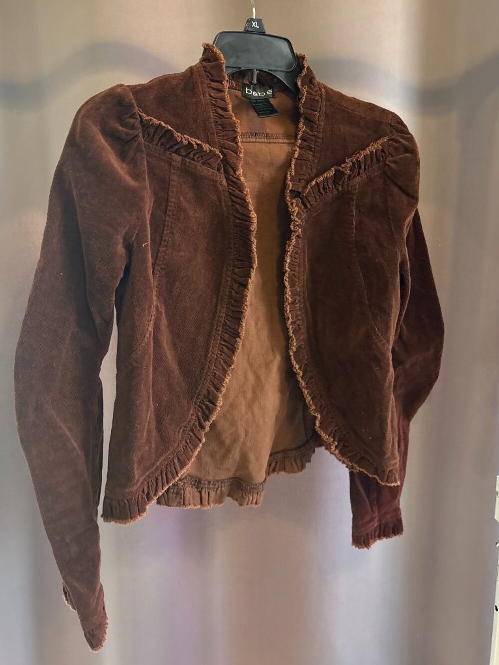 Vintage Bebe Y2K Brown Corduroy Ruffle Trim Cropped Jacket Bolero Small USA